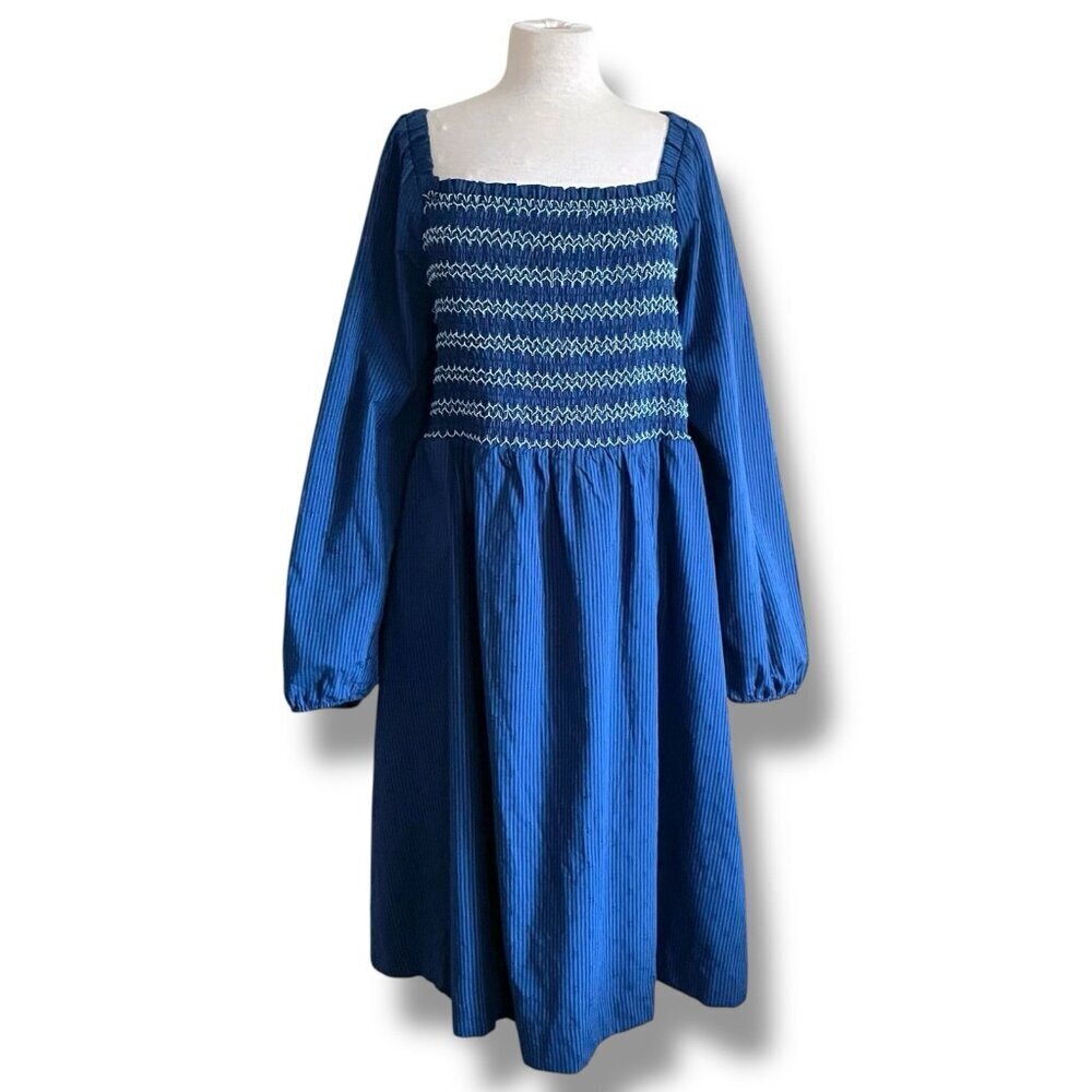 Draper James RSVP Womens Dress Sz 2X Blue Puff Sleeve Smocked Coastal Preppy - Picture 3 of 10